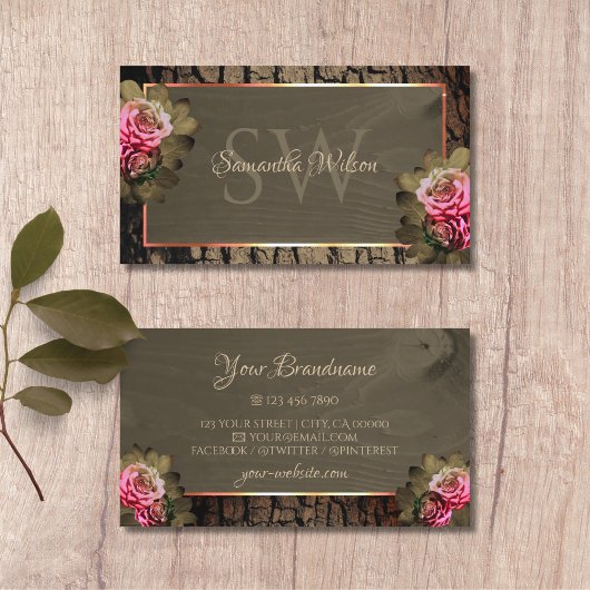 Rustige, donkerbruine houten korrels roze rozenmon visitekaartje