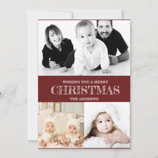 Rustige donkerrode winter Kerst foto collage H Feestdagenkaart (Voorkant)
