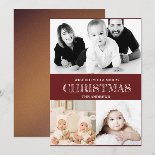 Rustige donkerrode winter Kerst foto collage H Feestdagenkaart (Voorkant / Achterkant)