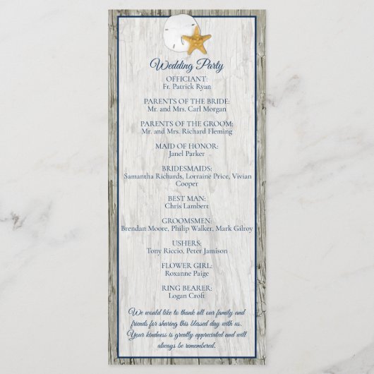 Rustige driftwood en dollaire bruiloft programmakaart (Achterkant)