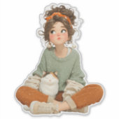 Rustige Droomster Meisje & Kat – Premium Kunststic Sticker (Voorkant)