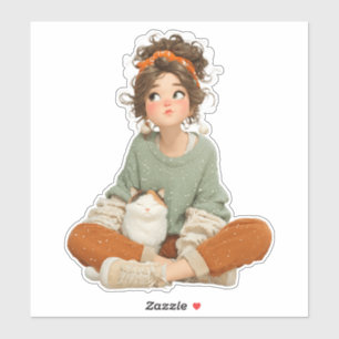 Rustige Droomster Meisje & Kat – Premium Kunststic Sticker