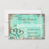 Rustige dubbelharten Aqua Wood Weddenschap RSVP-ka RSVP Kaartje (Voorkant)