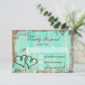 Rustige dubbelharten Aqua Wood Weddenschap RSVP-ka RSVP Kaartje (Staand voorkant)