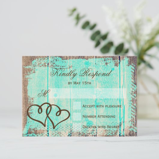 Rustige dubbelharten Aqua Wood Weddenschap RSVP-ka RSVP Kaartje (Staand voorkant)
