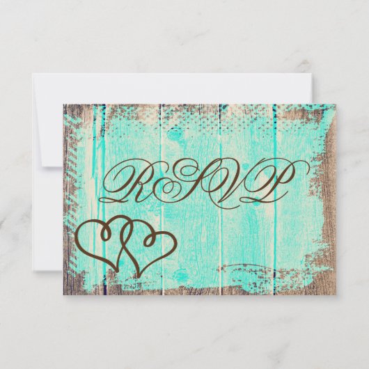 Rustige dubbelharten Aqua Wood Weddenschap RSVP-ka RSVP Kaartje (Achterkant)