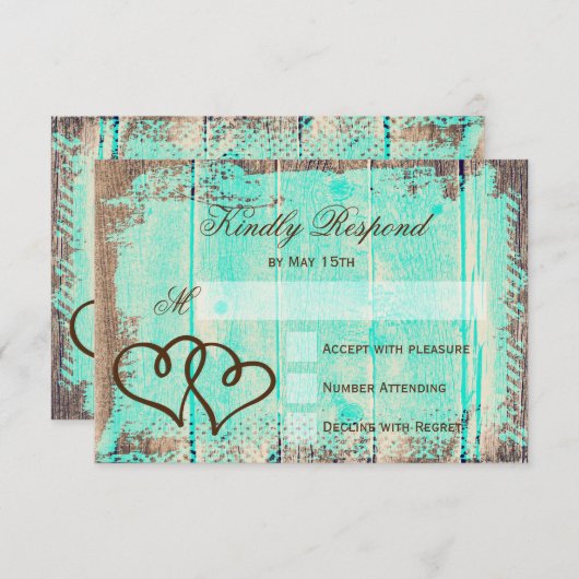 Rustige dubbelharten Aqua Wood Weddenschap RSVP-ka RSVP Kaartje (Voorkant / Achterkant)
