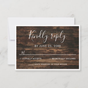 Rustige Eenvoudige elegante Barn Wood Wedding RSVP Kaartje