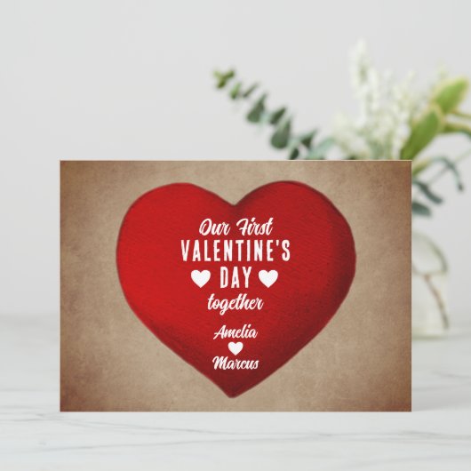 Rustige eerste Valentijnsdag samen rood hart Feestdagenkaart (Staand voorkant)