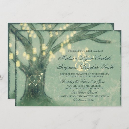 Rustige eikenboom Mason Jar Lights Wedding Invites Kaart (Voorkant / Achterkant)