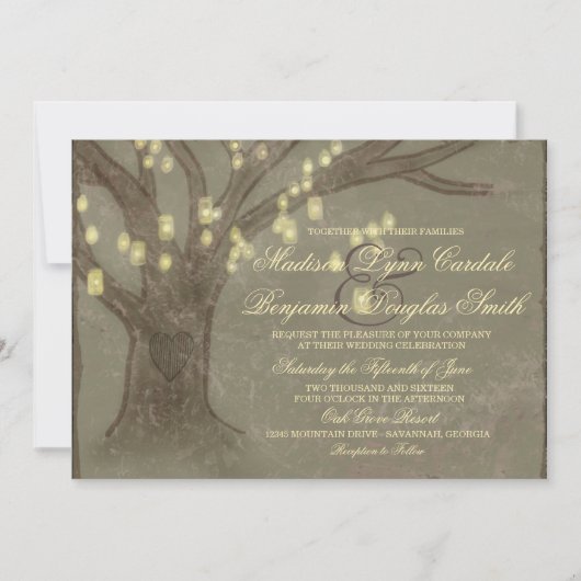 Rustige eikenboom Mason Jar Lights Wedding Invites Kaart (Voorkant)