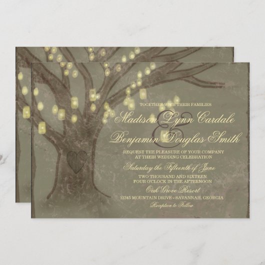 Rustige eikenboom Mason Jar Lights Wedding Invites Kaart (Voorkant / Achterkant)
