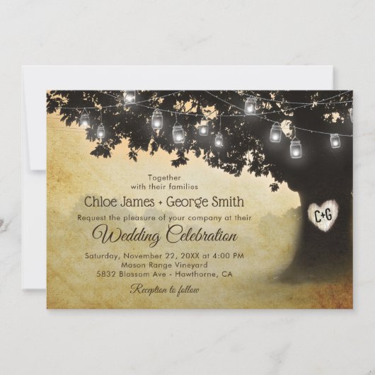Rustige  eikenboom Mason Jar Lights Wedding Kaart (Voorkant)