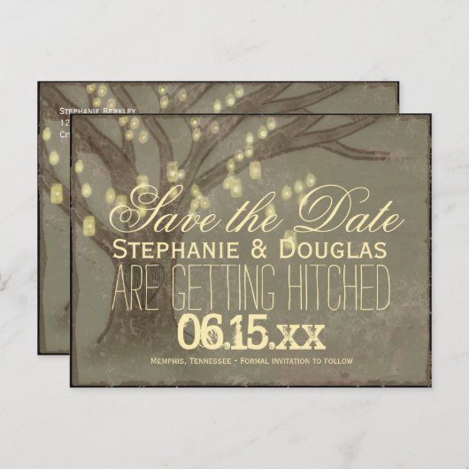 Rustige eikenboom Mason Jars Save the Date Briefka Aankondigingskaart (Voorkant / Achterkant)