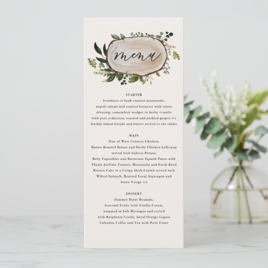 Rustige elegant botanische bruine bruiloft menu (Staand voorkant)