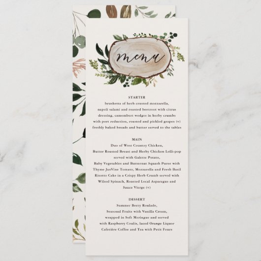 Rustige elegant botanische bruine bruiloft menu (Voorkant / Achterkant)