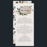 Rustige elegant botanische bruine bruiloft menu<br><div class="desc">Rustische florale en houtslice trouwmenu. Moderne bruuske bruiloft met waterverf bladeren,  florale en vlekvormgeving. Deel van een collectie</div>