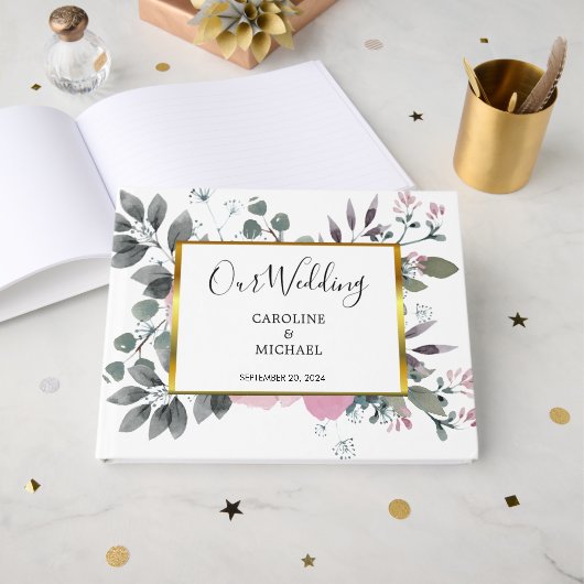 Rustige elegant botanische waterverf floral Weddin Gastenboek (Voorkant open)
