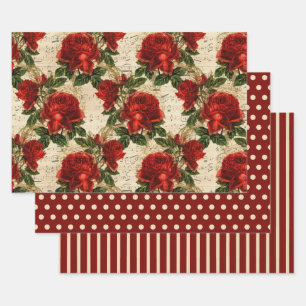 Rustige Elegant Red Roses Polka Dots Stripes Solid Inpakpapier Vel