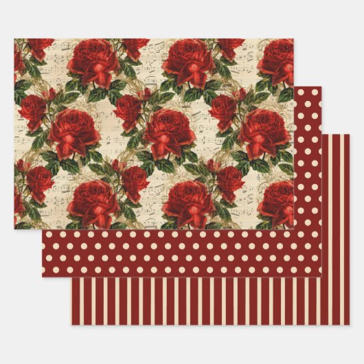 Rustige Elegant Red Roses Polka Dots Stripes Solid Inpakpapier Vel (Set)