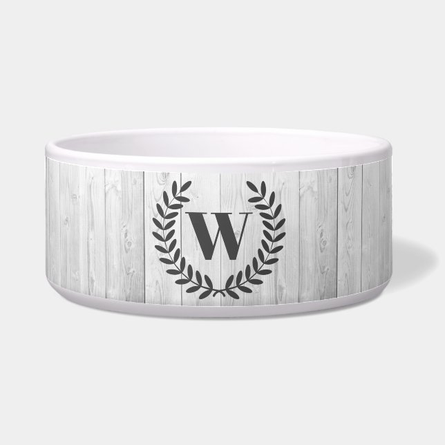 Rustige Elegant White Wood Gray Laurels | Monogram Voerbakje (Voorkant)
