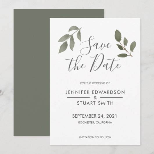 Rustige elegante botanische waterverf verlaat brui save the date (Voorkant / Achterkant)