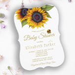 Rustige elegante goudzonnebloemen baby shower zome kaart<br><div class="desc">Moderne florale baby shower, stijlvolle sjabloon met een gouden gouden zonnebloemen bouquet en een goudkleurig faux goudtypografische script. Gemakkelijk om met uw details te personaliseren! U kunt verkiezen om het verder veranderende doopvonten en kleuren van het schrijven aan te passen. De uitnodiging is geschikt voor neutraal herfst in de zomer...</div>