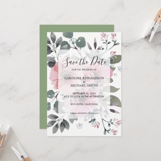 Rustige elegante waterverf floral Save the Date Kaart (Voorkant / Achterkant in situ)