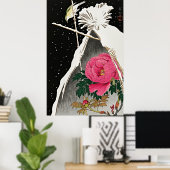 Rustige elegantie: Siberische Bluechat & pioen Poster (Thuiskantoor)