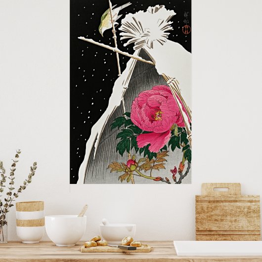 Rustige elegantie: Siberische Bluechat & pioen Poster (Keuken)