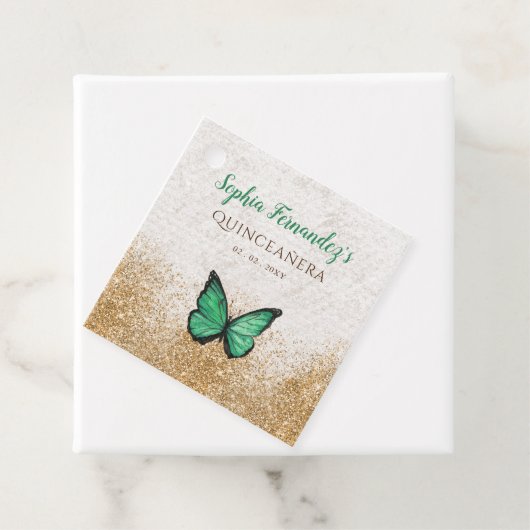 Rustige  Emerald Green Gold Butterfly Bedankjes Labels (In situ)