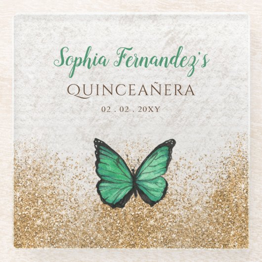 Rustige  Emerald Green Gold Butterfly Glazen Onderzetter (Voorkant)