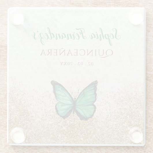 Rustige  Emerald Green Gold Butterfly Glazen Onderzetter (Achterkant)