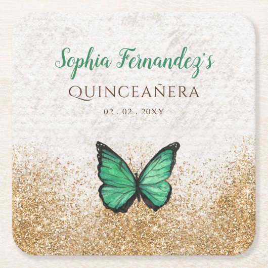 Rustige  Emerald Green Gold Butterfly Squar Kartonnen Onderzetters (Voorkant)