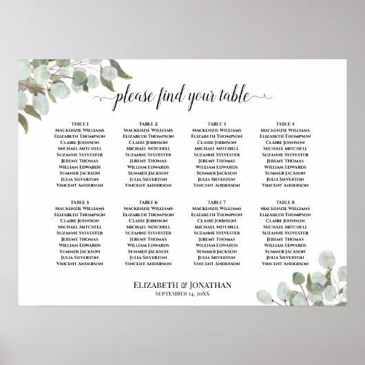 Rustige Eucalyptus 8 Tafelbruiloft Poster (Voorkant)