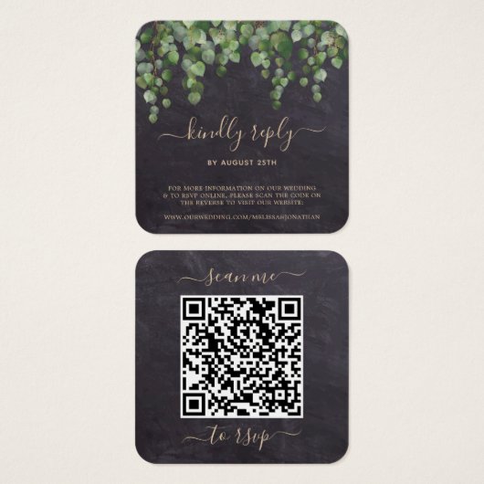 Rustige Eucalyptus Botanische bruiloft QR-code RSV Vierkante Visitekaartjes (Voorkant /achterkant)