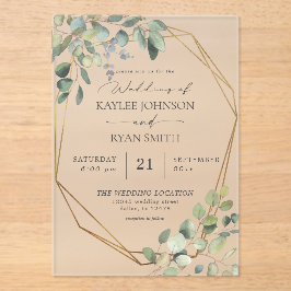 Rustige eucalyptus en goudweddenschap acryl uitnodigingen