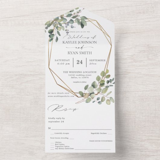 Rustige eucalyptus en goudweddenschap all in one uitnodiging (Binnen)