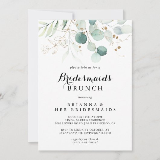 Rustige Eucalyptus Gold Bridesmaids Brunch Shower Kaart (Voorkant)