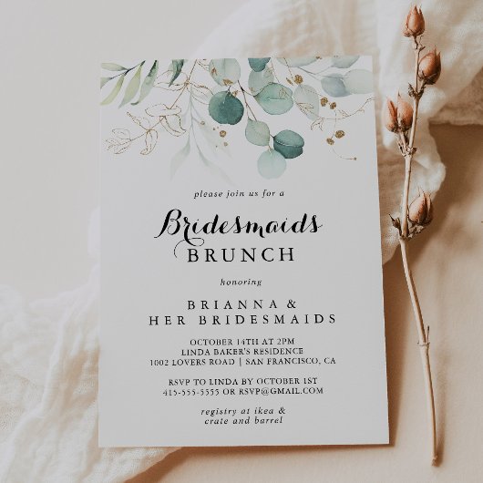Rustige Eucalyptus Gold Bridesmaids Brunch Shower Kaart