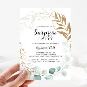 Rustige Eucalyptus Gold Calligraphy Surprise Party Kaart