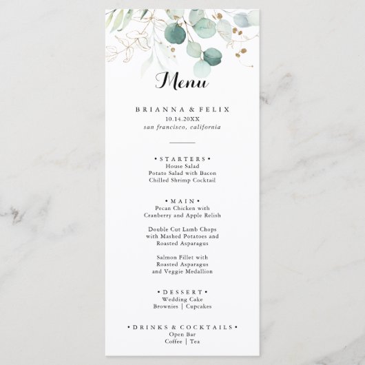 Rustige Eucalyptus Gold Floral Calligraphy Dinner Menu (Voorkant)