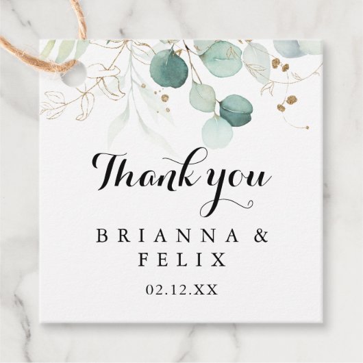 Rustige Eucalyptus Gold Floral Calligraphy Wedding Bedankjes Labels (Voorkant)