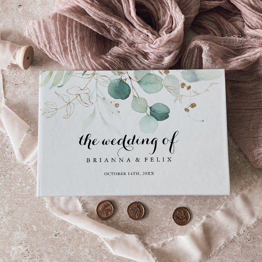 Rustige Eucalyptus Gold Floral Calligraphy Wedding Gastenboek