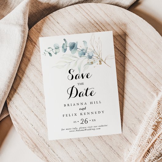 Rustige Eucalyptus Gold Floral Calligraphy Wedding Save The Date