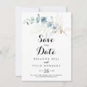 Rustige Eucalyptus Gold Floral Calligraphy Wedding Save The Date (Voorkant)