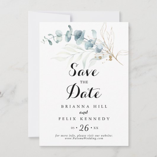 Rustige Eucalyptus Gold Floral Calligraphy Wedding Save The Date (Voorkant)