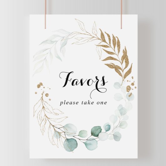 Rustige Eucalyptus Gold Floral Favors Sign Poster