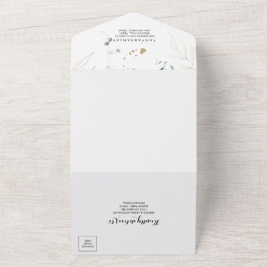 Rustige Eucalyptus Gold Floral Wedding All In One Uitnodiging (Buitenkant)
