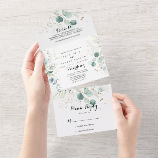 Rustige Eucalyptus Gold Floral Wedding All In One Uitnodiging (Afscheurbaar)